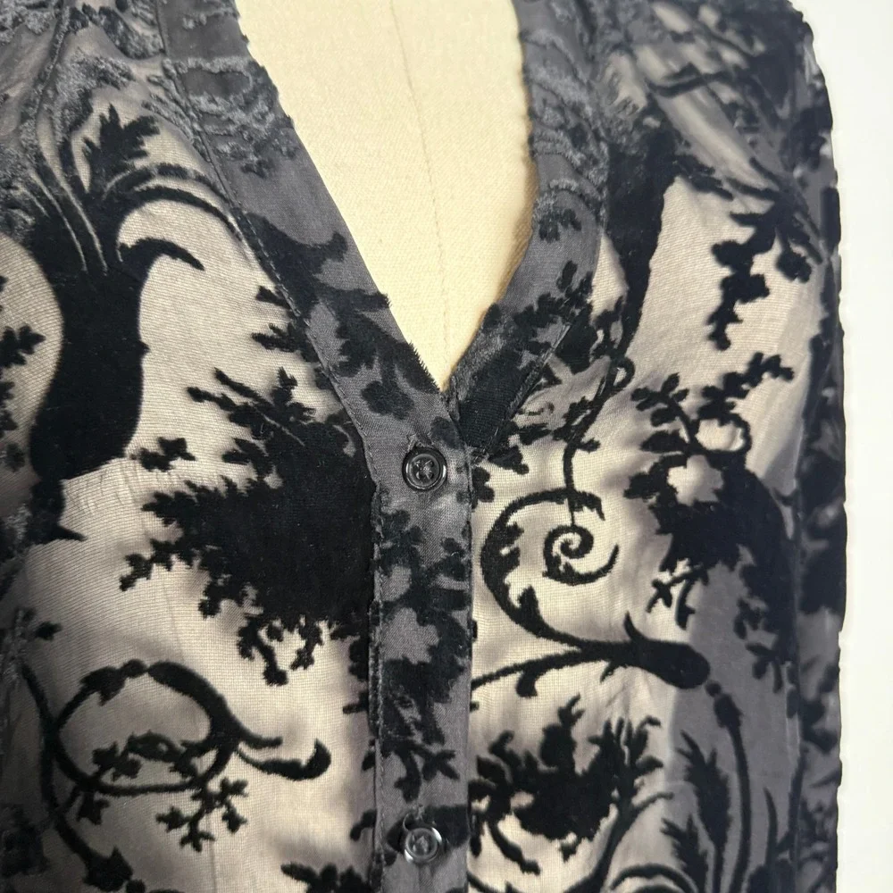 PAIGE Black Burnout Velvet Devore Floral Sheer Button Down Blouse Tie Cuff M